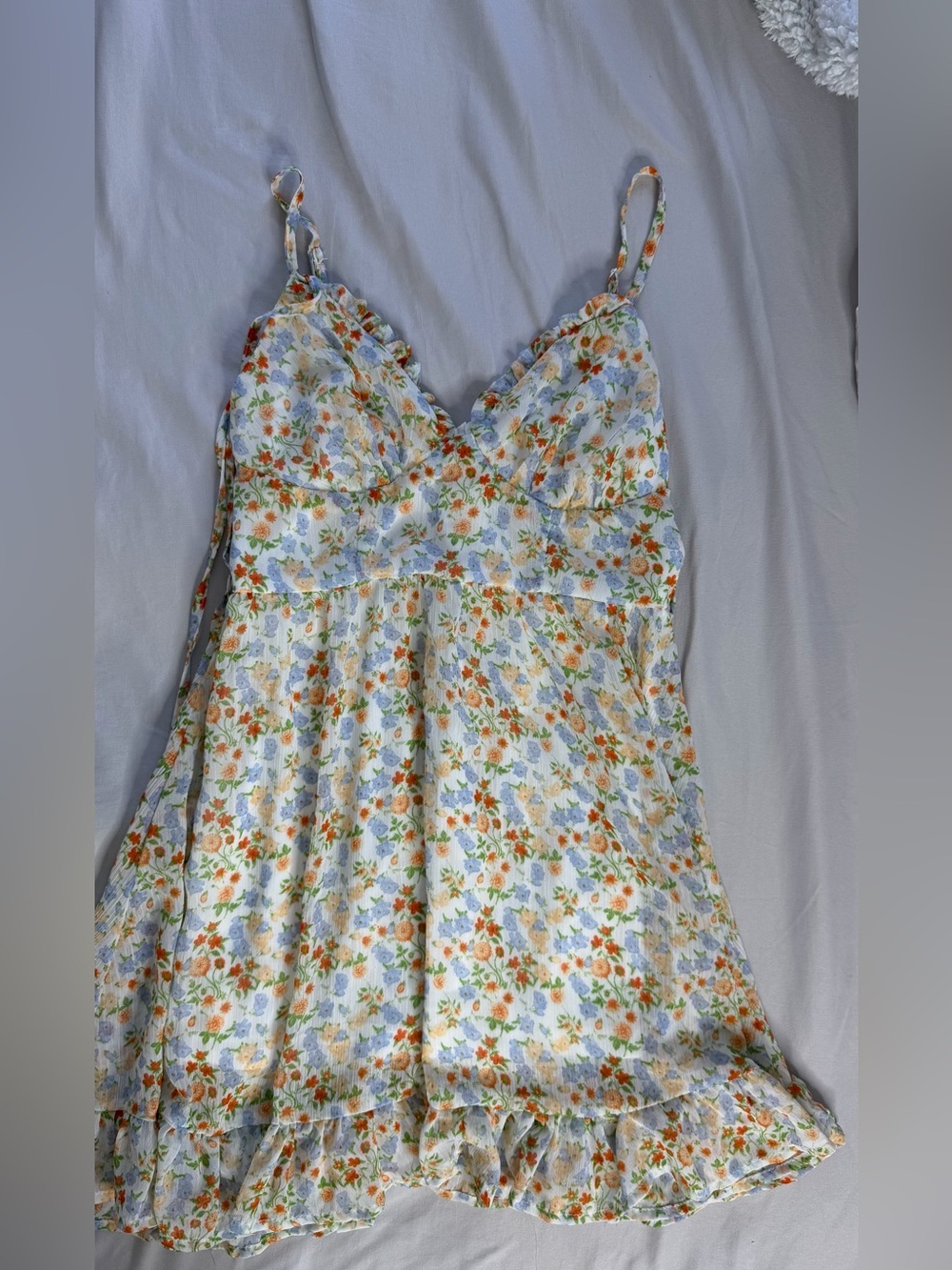 Fashion Nova White Lined Floral Dress with Orange & Light Blue Accents